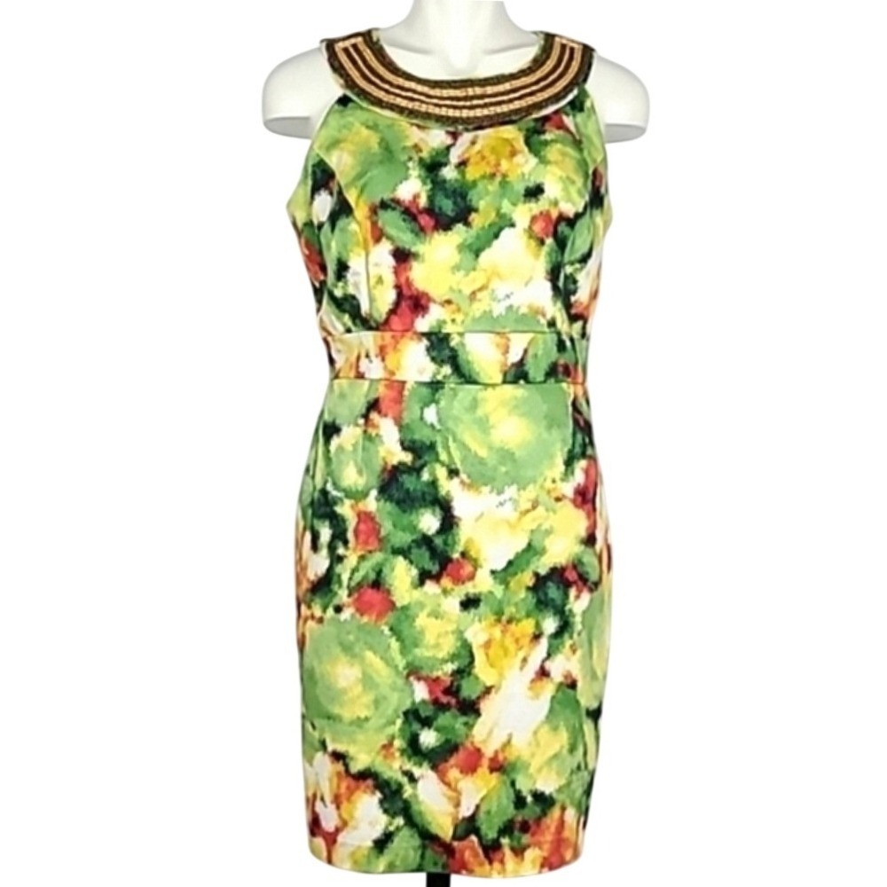 Alfani Women's Green Multi Color Beaded Neckline Sheath Dress 12P